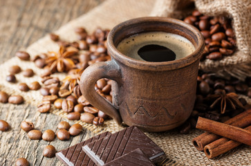 Black coffee, a cup of beans