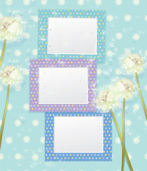 Vector colorful empty photo frames and dandelion flowers.