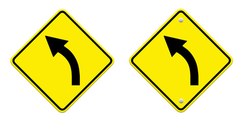 Road sign warning of dangerous left curve isolated on white back