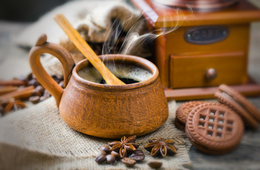 Black coffee, a cup of beans