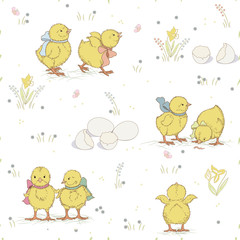 Seamless pattern with cute chickens