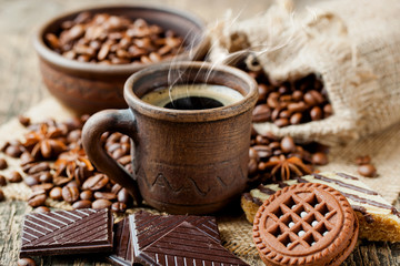 Black coffee, a cup of beans
