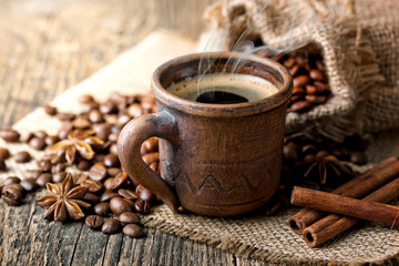 Black coffee, a cup of beans