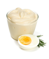 mayonnaise and boiled egg isolated on white