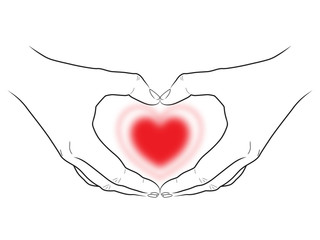 Zeichnung: Zwei Hände umfassen herzförmig ein rotes Herz