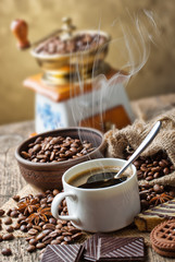 Black coffee, a cup of beans