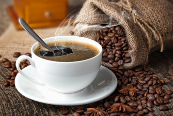Black coffee, a cup of beans