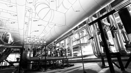 Sketch of piping design mixed with industrial equipment photos