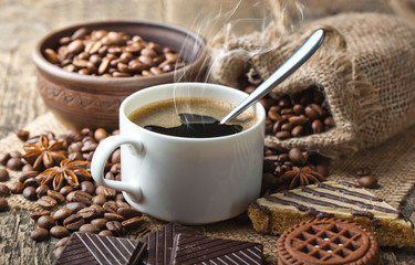 Black coffee, a cup of beans