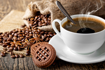 Black coffee, a cup of beans