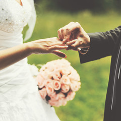 Wedding picture. Bride and groom holding hands.