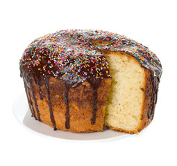 Easter cake with glace icing on white background