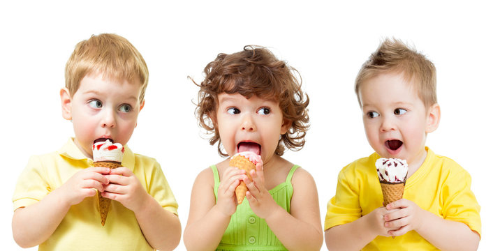 funny kids boys and girl eating ice cream cone isolated on white