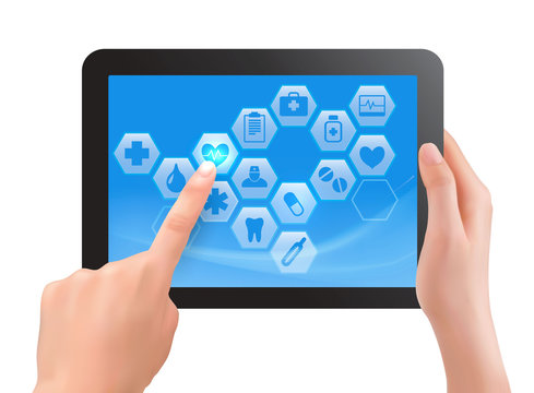 Two hands touch screen of tablet with medical icons. Vector
