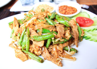 Stir-Fried noodles with pork and cow-pea.