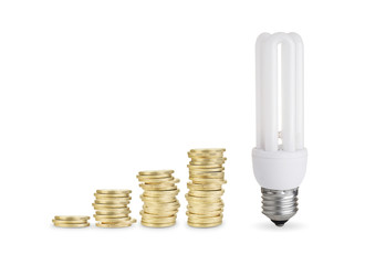 Money saved with energy saver bulb. Isolated on white background