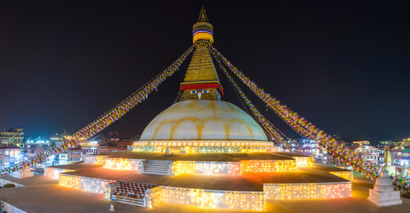 Boudhanath stupa illuminated for Losar in Kathmandu