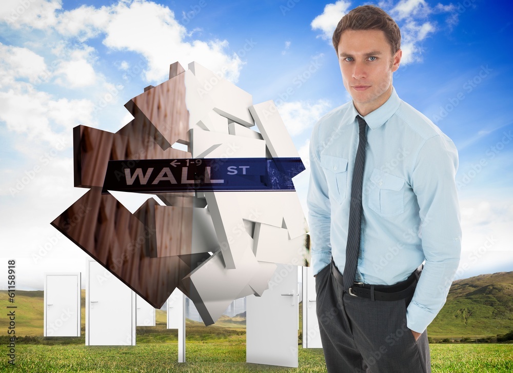 Poster composite image of serious businessman with hands in pockets