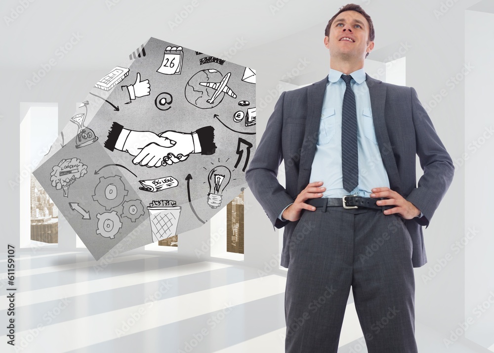 Poster composite image of happy businessman with hands on hips