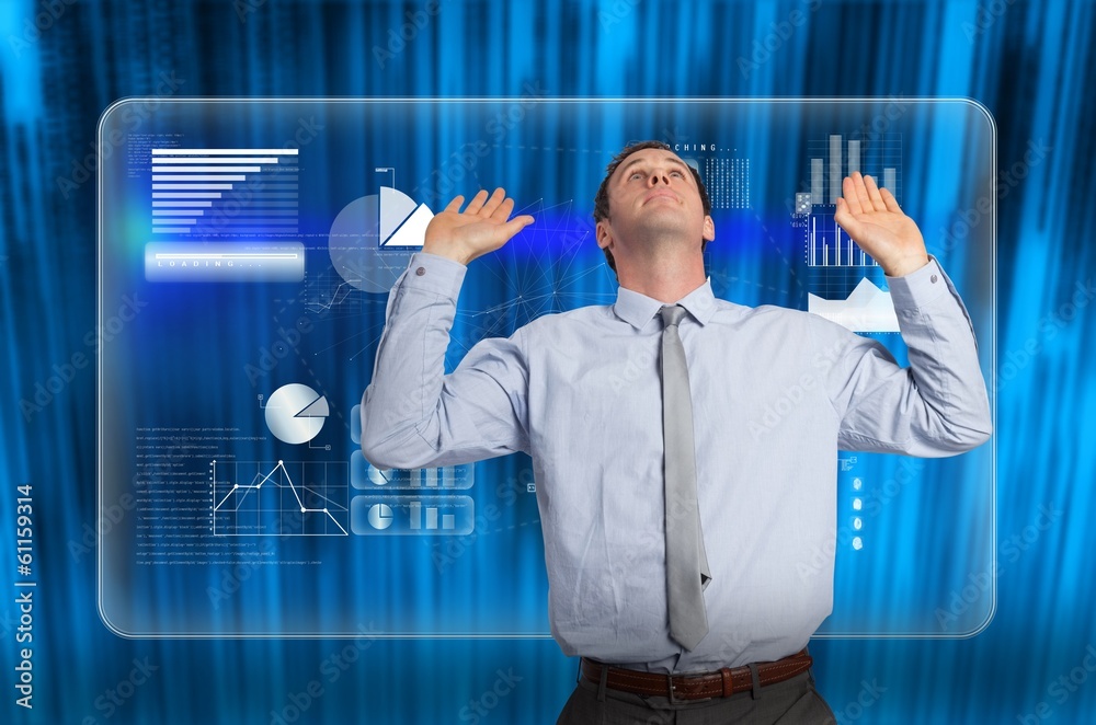 Poster composite image of businessman standing with arms pressing up