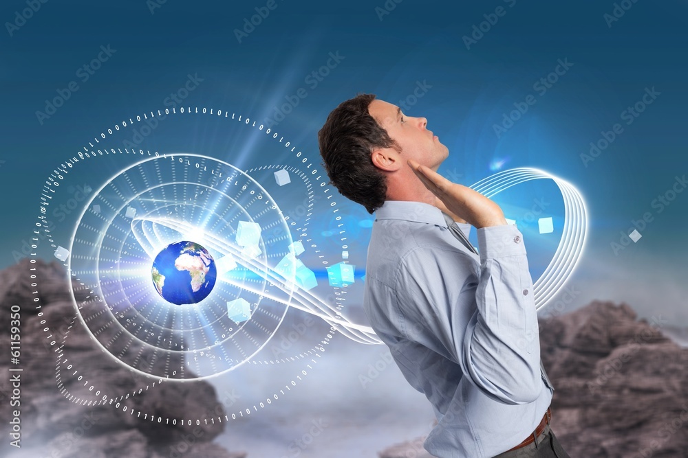 Poster composite image of businessman standing with arms pushing up