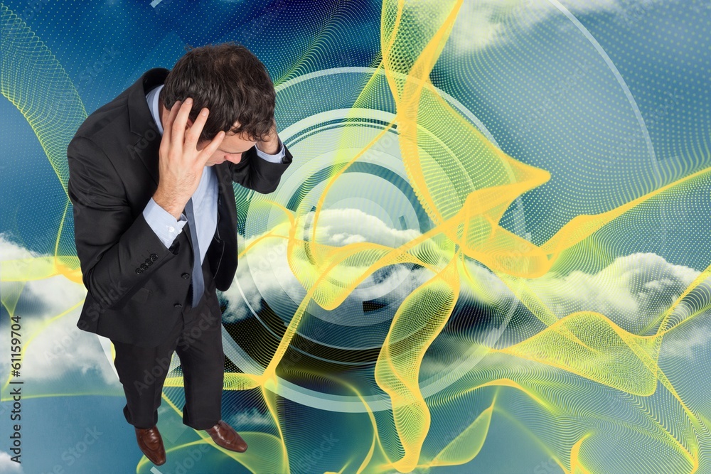 Poster composite image of stressed businessman with hands on head