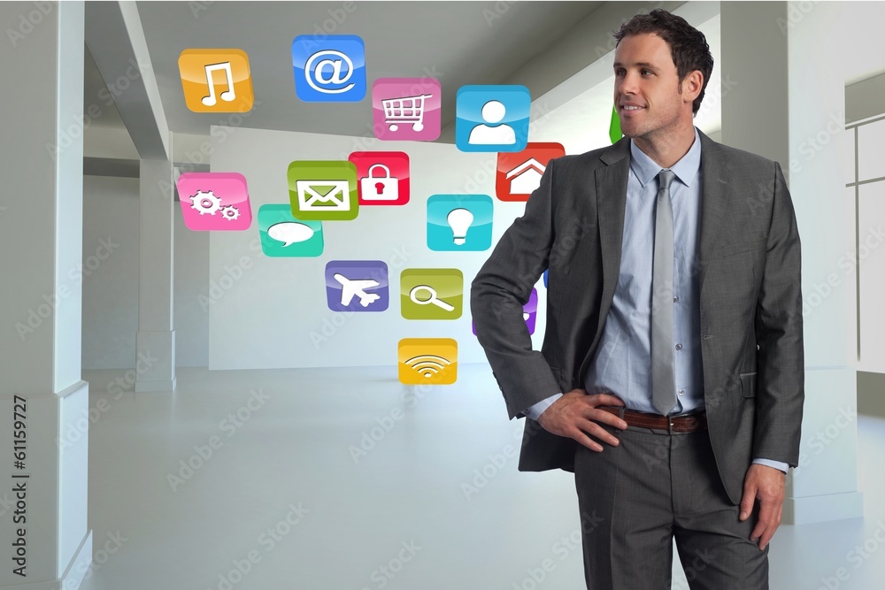 Poster composite image of smiling businessman with hand on hip