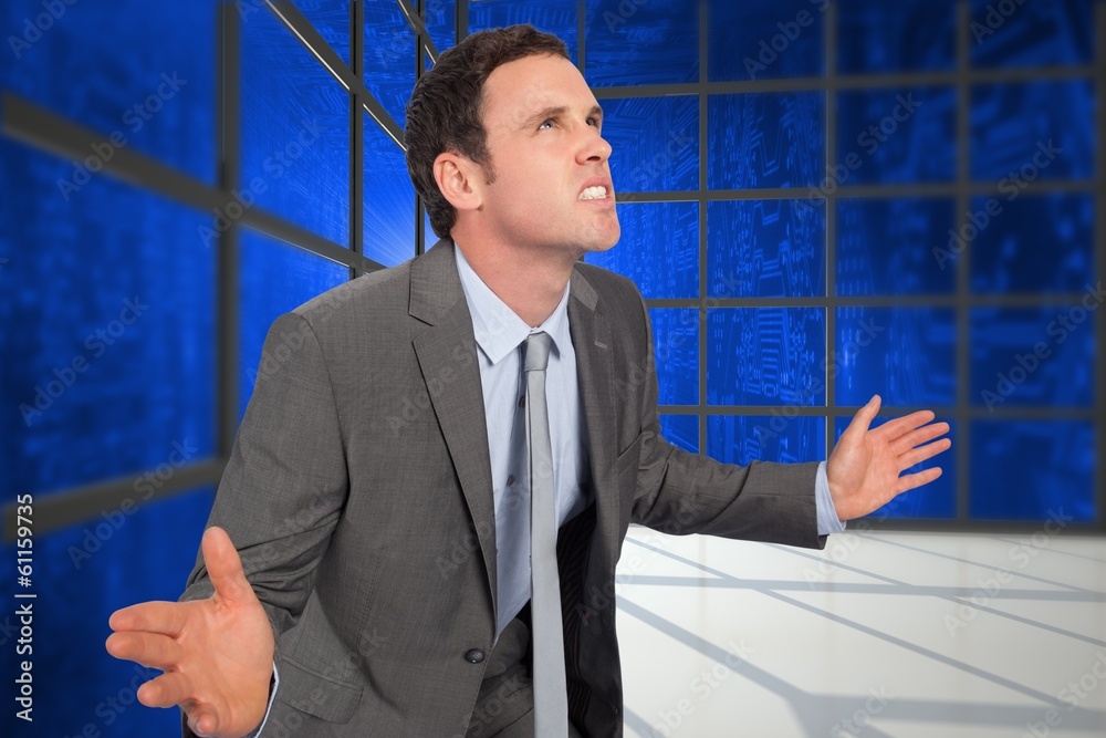 Poster composite image of businessman posing with hands out