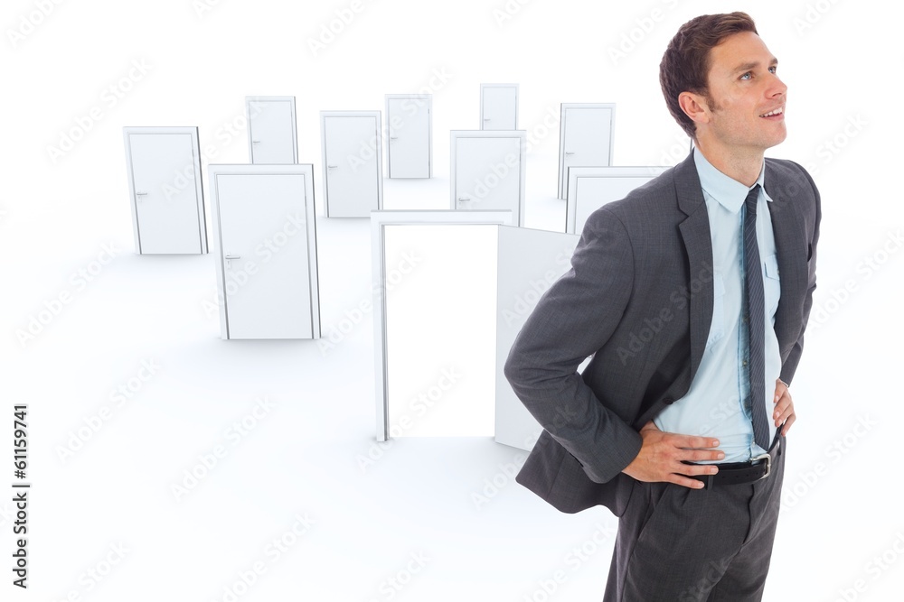 Poster composite image of cheerful businessman standing with hands on