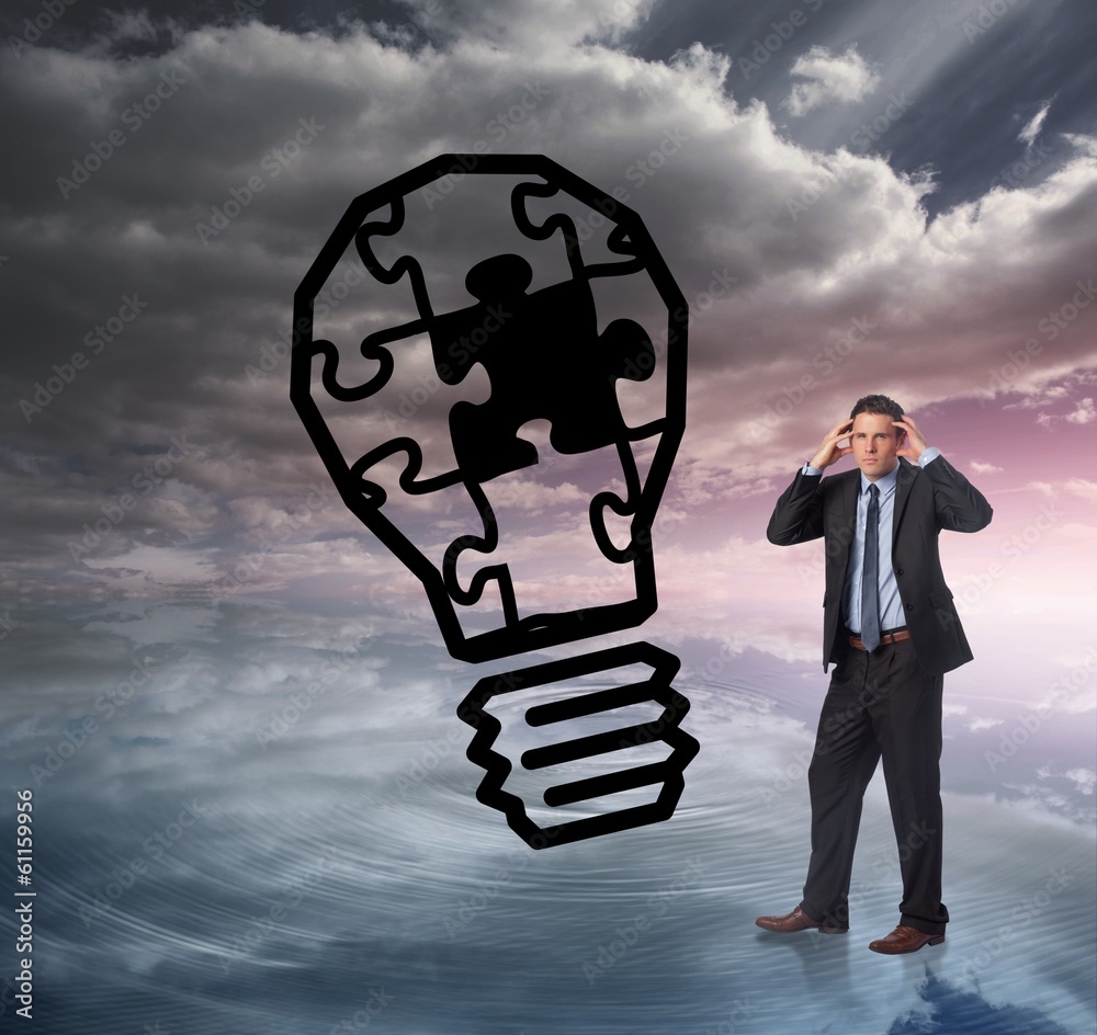 Poster composite image of stressed businessman with hands on head