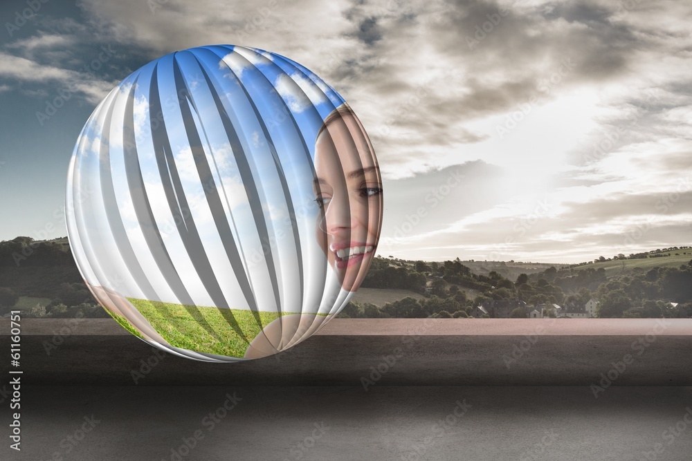 Poster Composite image of smiling woman in field on abstract screen