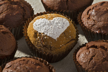 Chocolate muffin powdered sugar heart shape