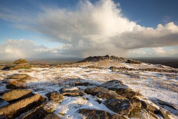 Snow at Belstone tor Dartmoor Devon Uk