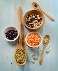 Beans and lentil on a wooden table