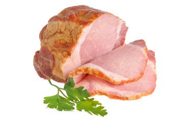 Sliced a piece of bacon and green leaf of parsley isolated on wh