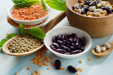 Beans and lentil on a wooden table