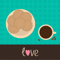 Biscuit cookie cracker on the plate and cup of coffee with coffe