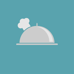 Silver platter cloche and chefs hat icon.