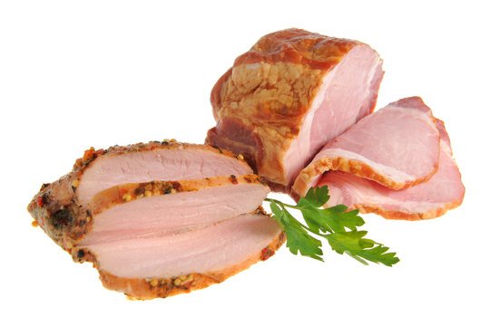 Sliced bacon and turkey with green leaves of parsley isolated on