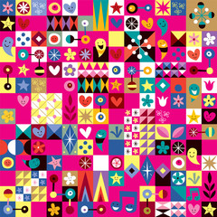 cute hearts, stars and flowers abstract art pattern