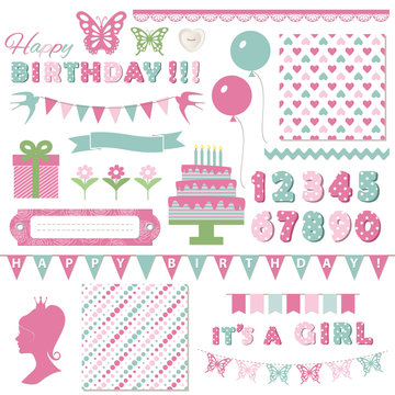Birthday and girl baby shower design elements.