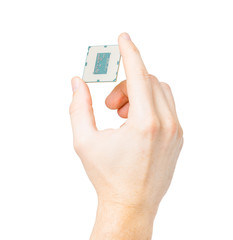 Computer's processor in hand isolated on a white background