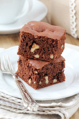 Freshly baked homemade walnut chocolate brownies