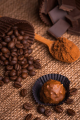 chocolate, coffee beans and cocoa on the burlap