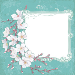 Frame composition with blossoming cherry branch