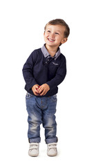 Portrait of happy little boy over white background