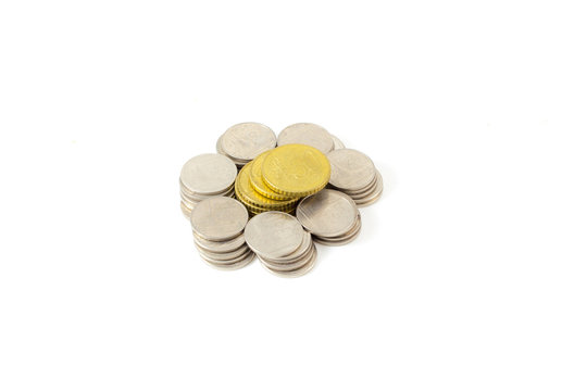 Heap of coins. On a white background.