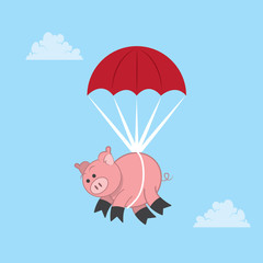Pig parachuting down from the sky