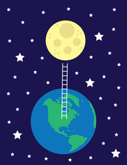 Obraz na płótnie Canvas Ladder from the earth to the moon with star background