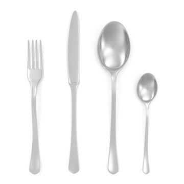 Cutlery set with Silver Fork, Knife and Spoon isolated on white 